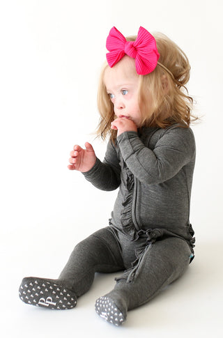 Posh Peanut Charcoal Heather Ruffled Zippered Footie, Posh Peanut, Posh Peanut, Posh Peanut Charcoal Heather, Posh Peanut Charcoal Heather Ruffled Zippered Footie, Posh Peanut Fall 2020, Posh