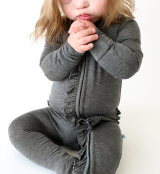 Posh Peanut Charcoal Heather Ruffled Zippered Footie, Posh Peanut, Posh Peanut, Posh Peanut Charcoal Heather, Posh Peanut Charcoal Heather Ruffled Zippered Footie, Posh Peanut Fall 2020, Posh