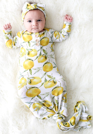 Posh Peanut Lemon Button Knotted Gown, Posh Peanut, Baby, Black Friday, Cyber Monday, Infant, Knotted Gown, Layette Gown, Lemon, Lemon Posh Peanut, Lemons, Posh PEanut, Posh Peanut Carolina F