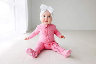 Posh Peanut Pink Lemonade Ruffled Zippered Footie, Posh Peanut, Posh Custom Sale, Posh Peanut, Posh Peanut Footie, Posh Peanut Footie with Zipper, Posh Peanut Pink Lemonade, Posh Peanut Ruffl
