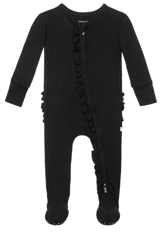 Posh Peanut Solid Ribbed Black Ruffled Zippered Footie, Posh Peanut, Posh Custom Sale, Posh Peanut, Posh Peanut Fall 2020, Posh Peanut Footie, Posh Peanut Footie with Zipper, Posh Peanut Ruff