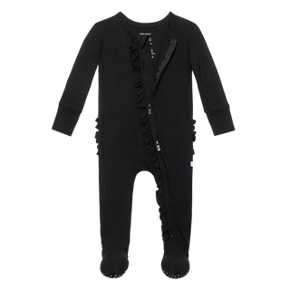 Posh Peanut Solid Ribbed Black Ruffled Zippered Footie, Posh Peanut, Posh Custom Sale, Posh Peanut, Posh Peanut Fall 2020, Posh Peanut Footie, Posh Peanut Footie with Zipper, Posh Peanut Ruff