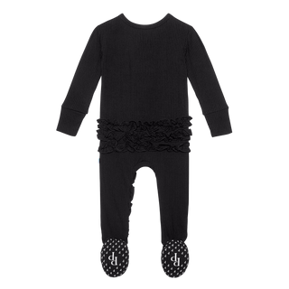 Posh Peanut Solid Ribbed Black Ruffled Zippered Footie, Posh Peanut, Posh Custom Sale, Posh Peanut, Posh Peanut Fall 2020, Posh Peanut Footie, Posh Peanut Footie with Zipper, Posh Peanut Ruff