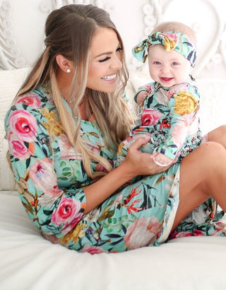 Posh Peanut Tuscan Teal (Aqua/Pink) Floral Mommy Robe, Posh Peanut, Black Friday, Maternity Robe, Mommy Robe, Nursing Robe, Posh Peanut, Posh PEanut Mommy Robe, Posh Peanut Robe, Posh Peanut 
