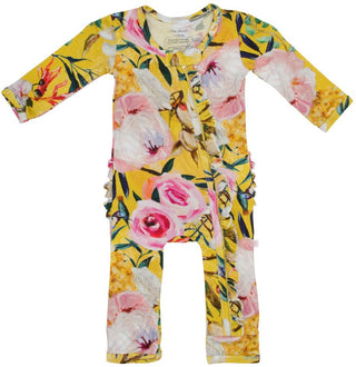 Posh Peanut Tuscan Yellow Floral Ruffle Zippered LS One Piece Ruffle Romper, Posh Peanut, Infant Clothing, Posh Peanut, Posh Peanut Romper, Posh Peanut Ruffle Romper, Posh Peanut Tuscan Yello