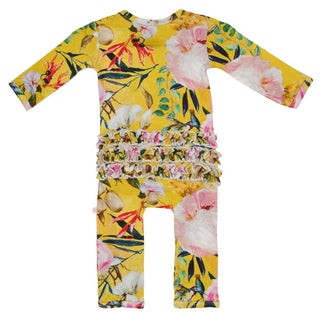 Posh Peanut Tuscan Yellow Floral Ruffle Zippered LS One Piece Ruffle Romper, Posh Peanut, Infant Clothing, Posh Peanut, Posh Peanut Romper, Posh Peanut Ruffle Romper, Posh Peanut Tuscan Yello