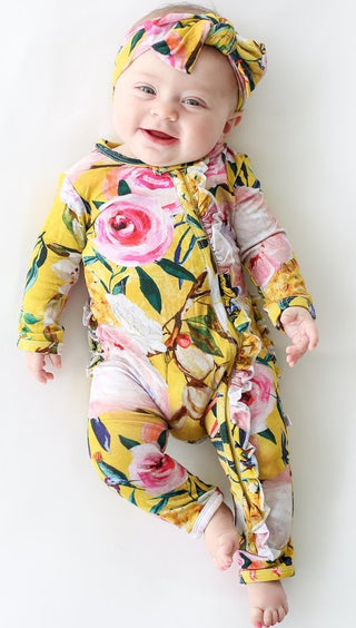 Posh Peanut Tuscan Yellow Floral Ruffle Zippered LS One Piece Ruffle Romper, Posh Peanut, Infant Clothing, Posh Peanut, Posh Peanut Romper, Posh Peanut Ruffle Romper, Posh Peanut Tuscan Yello