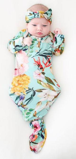Posh Peanut Tuscan Teal (Aqua/Pink) Floral Button Down Knotted Gown, Posh Peanut, Baby, Black Friday, Button Down Gown, Cyber Monday, Els PW 8258, End of Year, End of Year Sale, Infant, Knott