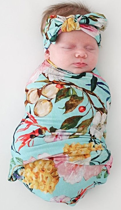 Posh Peanut Tuscan Teal Aqua Pink Floral Swaddle Headband Set Basically Bows Bowties