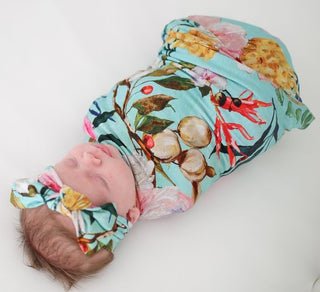 Posh Peanut Tuscan Teal (Aqua/Pink) Floral Swaddle & Headband Set, Posh Peanut, Posh Peanut, Posh Peanut Floral, Posh Peanut Swaddle & Headband Set, Posh Peanut Swaddle and Headband Set, Posh