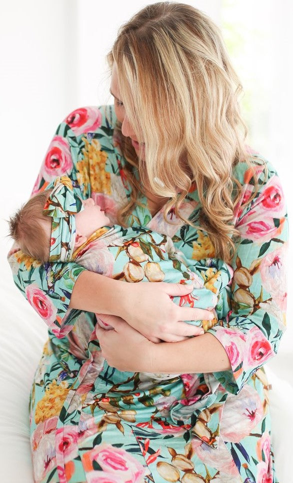 Posh Peanut Tuscan Teal Aqua Pink Floral Swaddle Headband Set Basically Bows Bowties