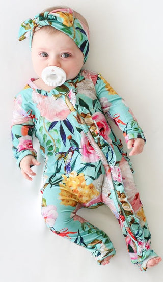 Posh Peanut Tuscan Teal (Aqua/Teal)Floral Ruffle Zippered LS One Piece Ruffle Romper, Posh Peanut, Infant Clothing, Posh Peanut, Posh Peanut Romper, Posh Peanut Ruffle Romper, Posh Peanut Tus