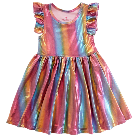 Pink Chicken Ruffle Steph Dress - Rainbow Lame, Pink Chicken, Big Girls Clothing, Dress, Dress for Girls, Dresses for Girls, Iridescent Rainbow, Little Girls Clothing, Little Girls Dress, Lit