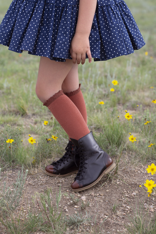 Little Stocking Co Lace Top Knee High Socks - Rust w/Brown, Little Stocking Co, Little Stocking Co, Little Stocking Co Fall 2020, Little Stocking Co Knee high Sock, Little Stocking Co Knee Hi