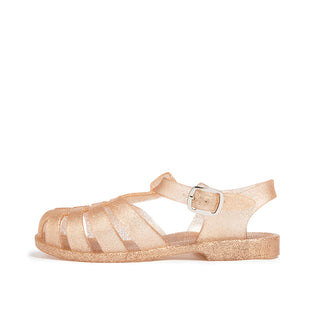 Shooshoos Cali Jelly Sandal in gold glitter, side view showing the lightweight, flexible children's shoes with sparkly finish.