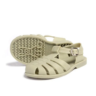 Shooshoos Jelly Sandal Kansas City Shuffle in olive color, featuring transparent jelly material and open-toe design for kids.