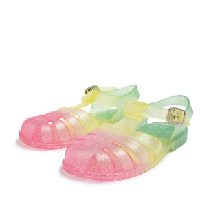 Shooshoos Rainbow Glitter Jelly Sandal for children, right foot, shiny colorful glitter design, flexible and comfortable shoes.