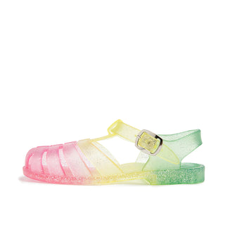 Shooshoos Rainbow Glitter Jelly Sandal for girls, right foot view, colorful sparkly design, flexible and child-friendly footwear.