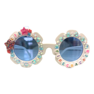 Sienna Sunnies Lil Firecracker Daisy sunglasses with colorful floral pattern and round frames, stylish eyewear for sunny days.