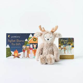 Slumberkins Shine Bright Ibex and Bigfoot hardcover toy book featuring colorful illustrations of Ibex and Bigfoot sharing gifts.