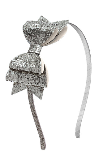 Silver Glitter Bow Hard Headband, Sweet Wink, JAN23, Silver Bow Headband, Silver Glitter Bow Hard Headband, Silver Glitter Bow Headband, Sweet Wink, Sweet Wink Headband, Sweet Wink Silver Gli