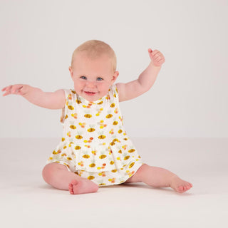 Tickety Boo Bumbling Bees Bamboo Ruffled Dress, Tickety Boo, Bee, Bumble Bee, Bumbling Bees, cf-size-12-18-months, cf-size-9-12-months, cf-type-dress, cf-vendor-tickety-boo, Onesie Dress, Ruf