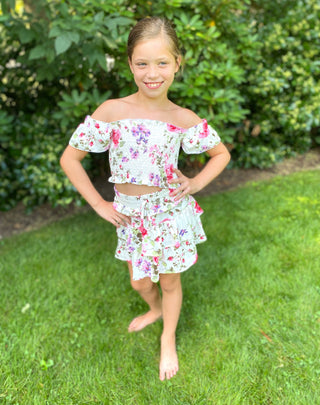 Tweenstyle by Stoopher Ivory Rose Floral Smocked Crop Top w/Ruffle Sleeve, Tweenstyle, Boxy Tee, cf-size-12, cf-type-top, cf-vendor-tweenstyle, Crop Top, Ivory Rose Floral, Smocked Crop Top w