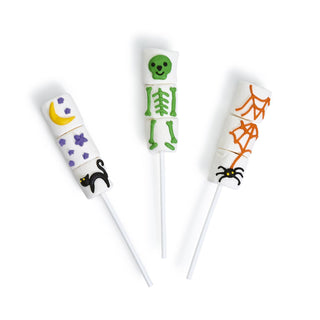 Set of three Tricks & Treats Marshmallow Lollipops by Two's Company, colorful candy with fun Halloween-themed designs.