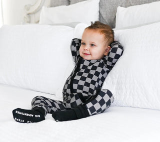 Dream Big Little Co Charcoal Checkers Dream Romper, Dream Big Little Co, Charcoal Checkers, Checkers, DBLC, Dream Big Little Co, Dream Big Little Co Romper, Pajamas - Basically Bows & Bowties