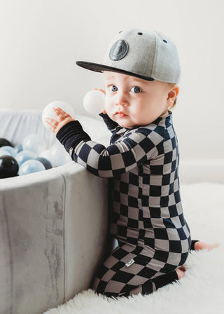 Dream Big Little Co Charcoal Checkers Dream Romper, Dream Big Little Co, Charcoal Checkers, Checkers, DBLC, Dream Big Little Co, Dream Big Little Co Romper, Pajamas - Basically Bows & Bowties