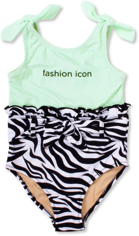 Shade Critters Zebra Fashion Icon Ruffle Waist 1PC Swimsuit, Shade Critters, Bathing Suit, cf-size-5t, cf-size-7y, cf-type-swimwear, cf-vendor-shade-critters, Fashion Icon, Girls Swimwear, In