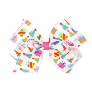 Party Print Grosgrain Hair Bow on Clippie, Wee Ones, Birthday, Birthday Bow, Birthday Girl, cf-size-king, cf-size-medium, cf-type-hair-bow, cf-vendor-wee-ones, Hair Bow, Hair Bow on Clippie, 