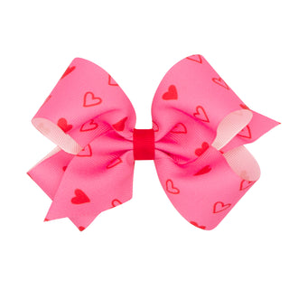 Pink with Red Heart Print Hair Bow on Clippie, Wee Ones, Alligator Clip, Alligator Clip Hair Bow, cf-size-mini, cf-type-hair-bow, cf-vendor-wee-ones, Clippie, Clippie Hair Bow, Hair Bow, Hair