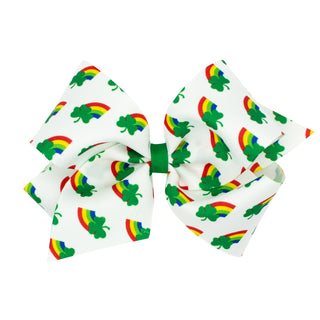 Rainbow shamrock print hair bow on clippie by Wee Ones, colorful and cute accessory for children's hair.