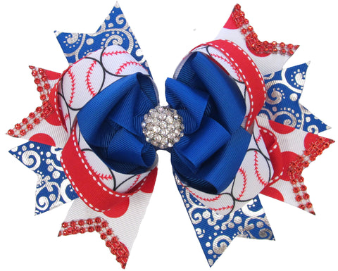 X-Large Over the Top Baseball Hair Bow, Basically Bows & Bowties, 4th of July, Alligator Clip, Baseball, Baseball Bow, basically bows and bowties hair bow xlarge, Clippie Hair Bow, Fourth of 