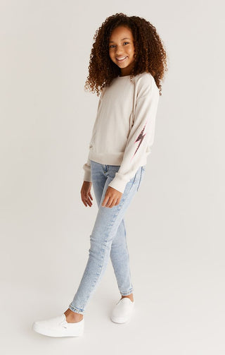 Z Supply Girls Noa Graphic Sweatshirt - Sandstone, Z Supply, JAN23, Lightning Bolt, Smiley Face, Top, Tween Girl, tween girls, Tween Girls Clothing, Z Supply, Z Supply Girls, Z Supply Girls N