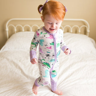Little Sleepies Pink/Purple Dinosaurs Convertible Romper/Sleeper, Little Sleepies, Bamboo Pajamas, CM22, Coverall, Dinosaur, Dinosaur Footie, Dinosaur Pajamas, Dinosaurs, Footie, Little Sleep