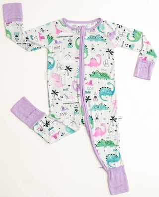 Little Sleepies Pink/Purple Dinosaurs Convertible Romper/Sleeper, Little Sleepies, Bamboo Pajamas, CM22, Coverall, Dinosaur, Dinosaur Footie, Dinosaur Pajamas, Dinosaurs, Footie, Little Sleep